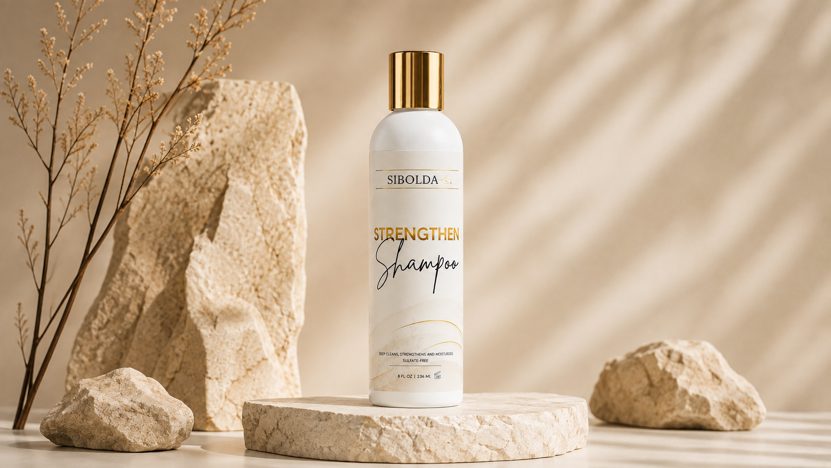 Sibolda Strengthen Shampoo bottle on a round stone plinth with dried branches and rocks