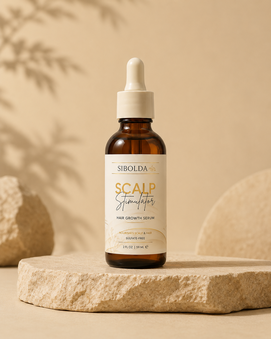 Sibolda Scalp Stimulator hair growth serum in an amber dropper bottle on a stone plinth