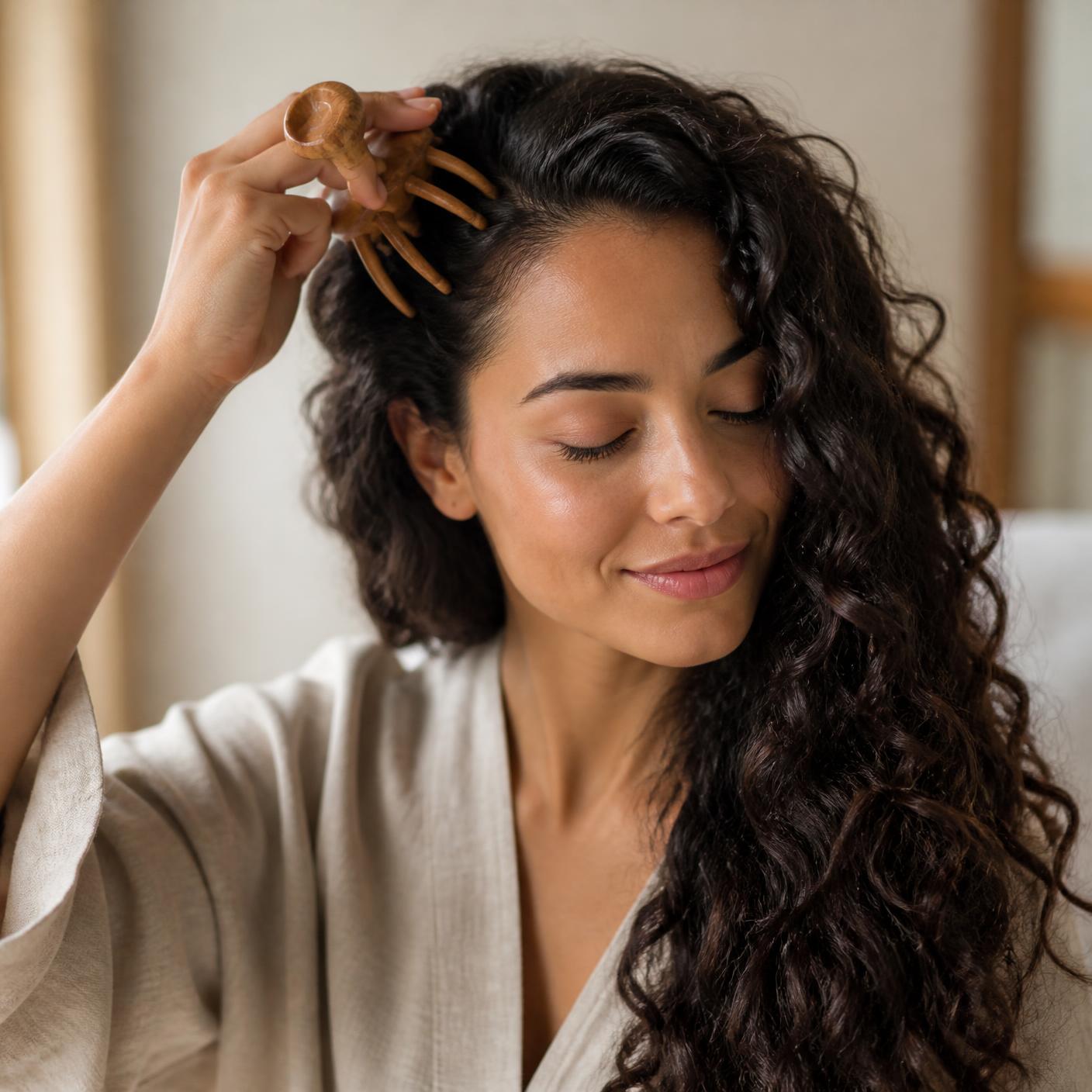 A woman massaging her scalp with the wooden Sibolda massager